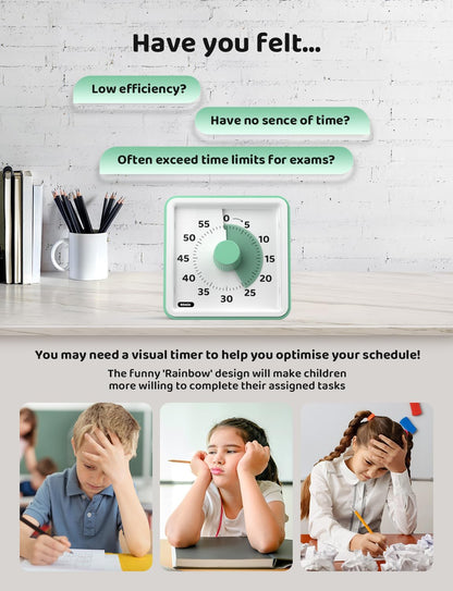 LIORQUE Visual Timer for Kids, 60 Minute Countdown Timer, Green | Non-Ticking, 3 Volume Levels with Mute Function, Timer for Kitchen Cooking Classroom ADHD, 2 AAA Batteries Included