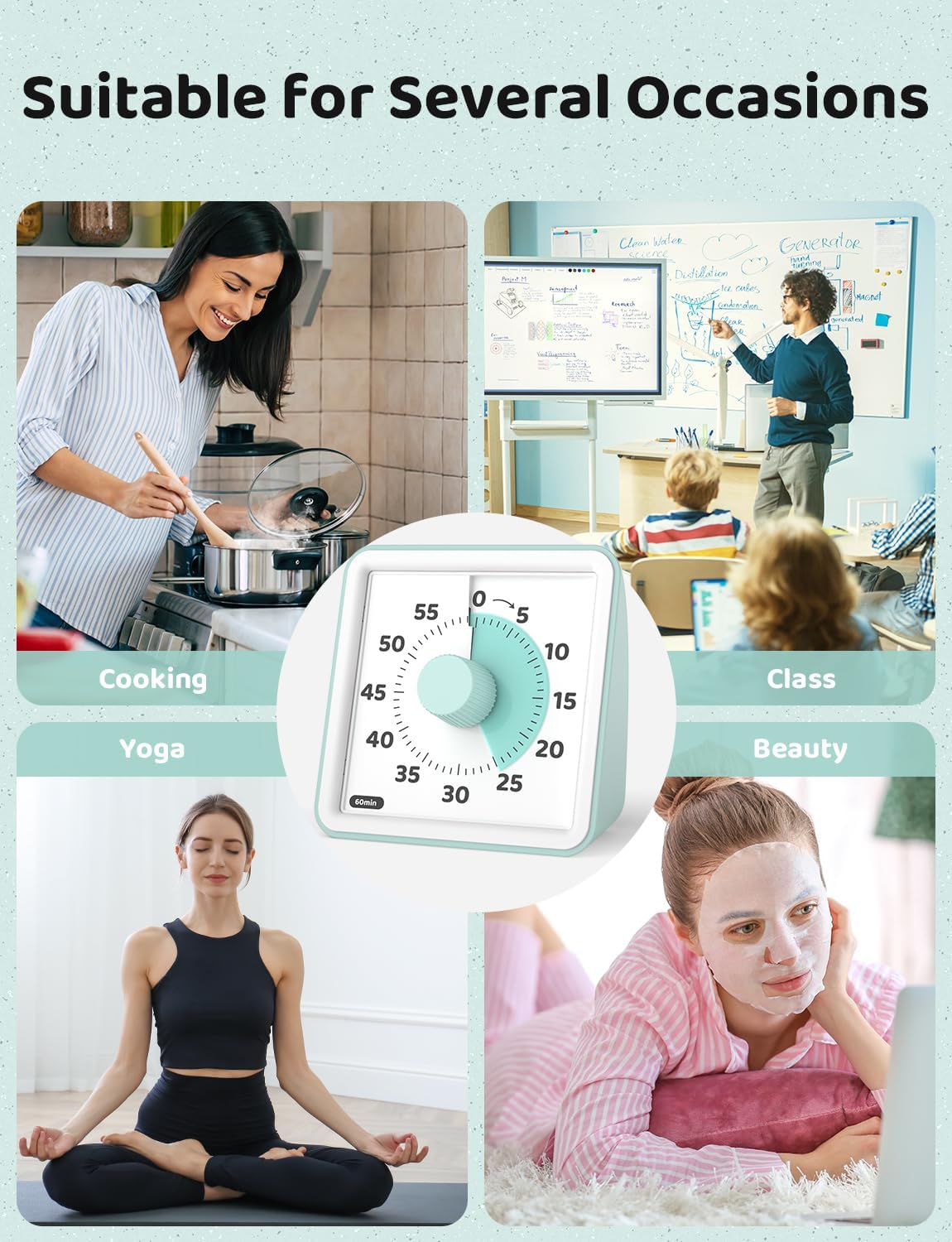 LIORQUE Visual Timer for Kids, 60 Minute Countdown Timer, Green | Non-Ticking, 3 Volume Levels with Mute Function, Timer for Kitchen Cooking Classroom ADHD, 2 AAA Batteries Included