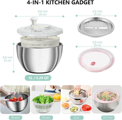 Large Salad Spinner with Storage Lid，5.29QT Stainless Steel Spin Dry Salad Greens Fruit Washing Bowl with Strainer Vegetable Cleaner washer Lettuce Spinner with slicer and julienne cutter