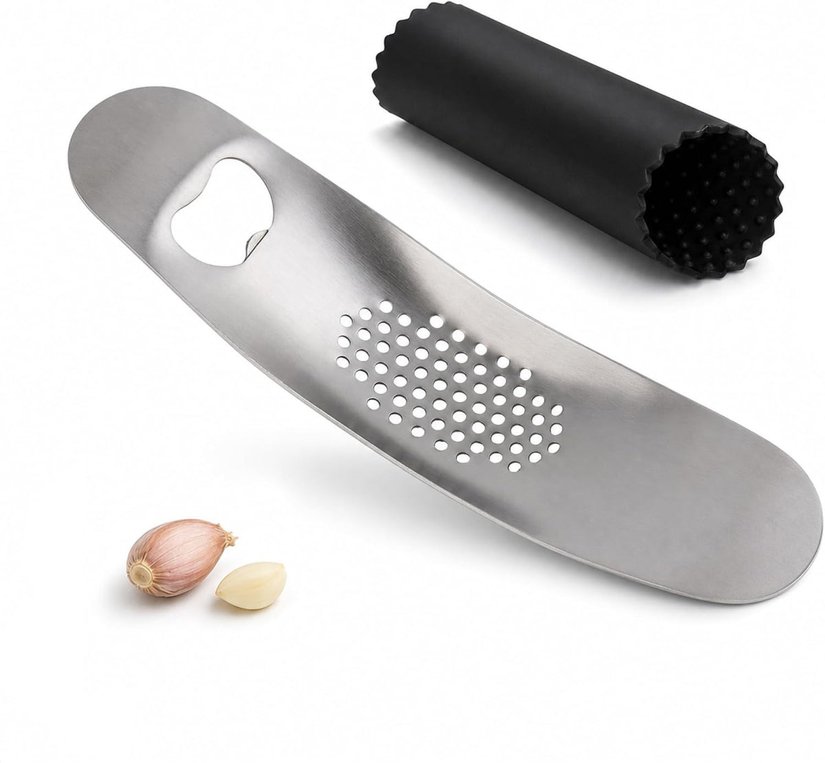 Garlic Press Rocker, Stainless Steel Mincer with Peeler