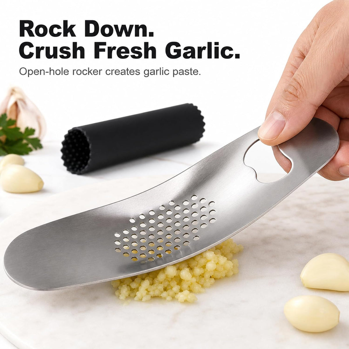 Garlic Press Rocker, Stainless Steel Mincer with Peeler