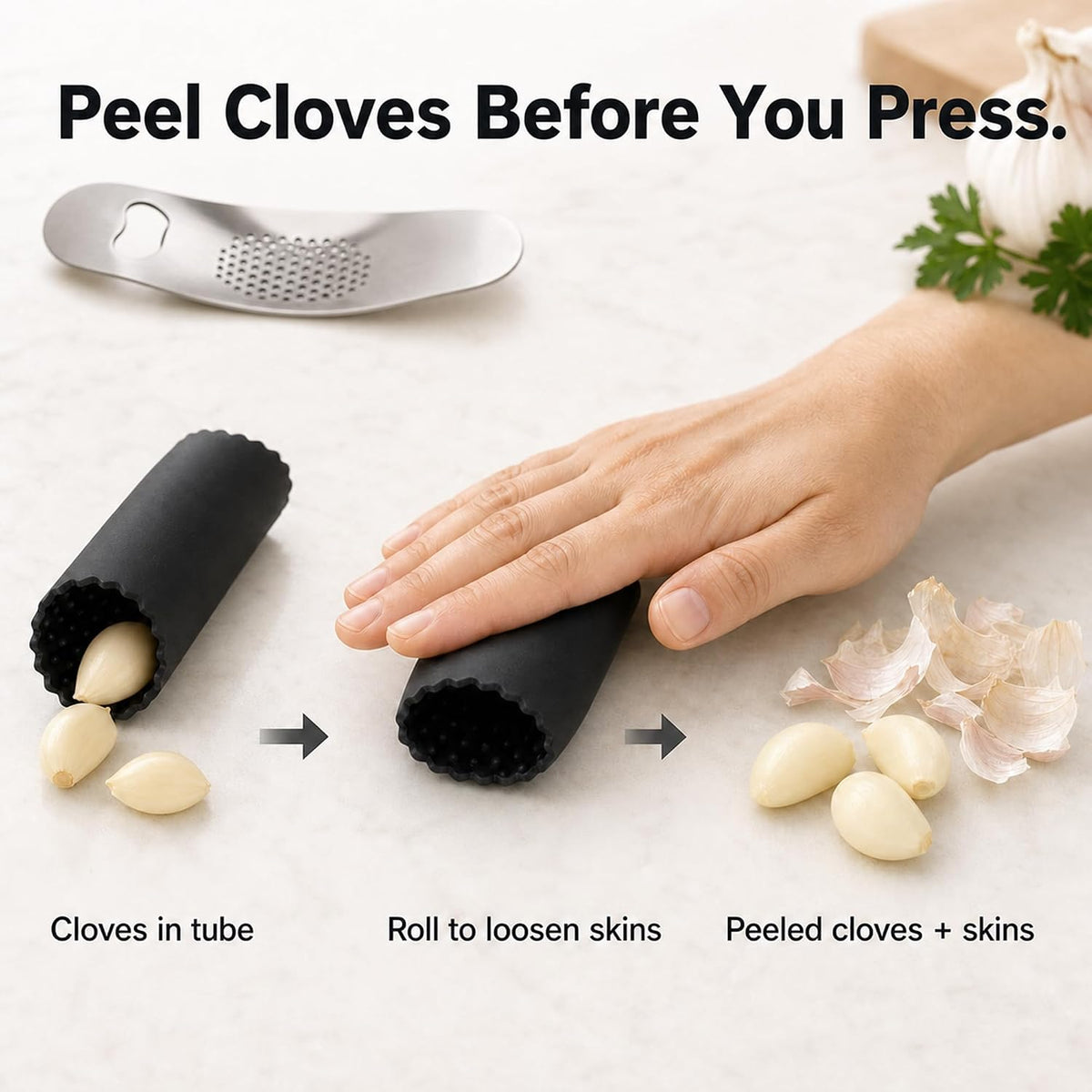 Garlic Press Rocker, Stainless Steel Mincer with Peeler