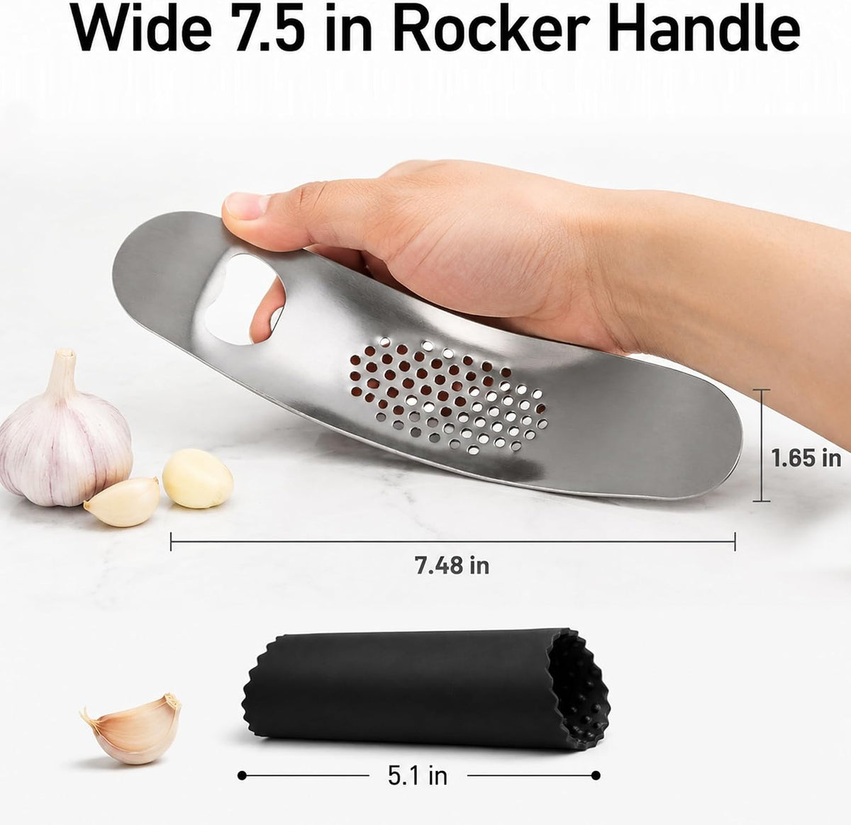 Garlic Press Rocker, Stainless Steel Mincer with Peeler