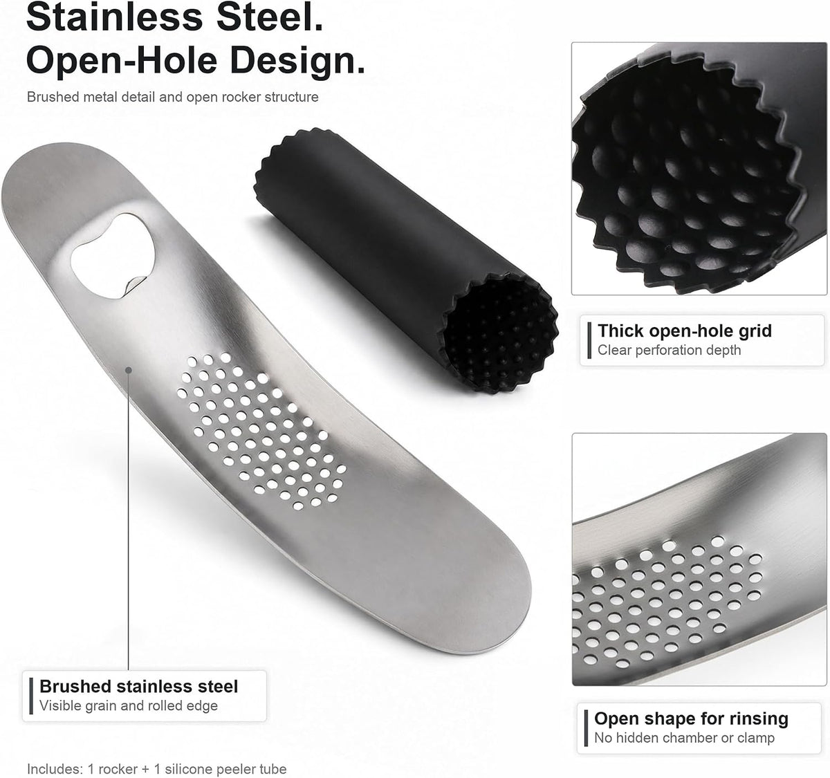 Garlic Press Rocker, Stainless Steel Mincer with Peeler