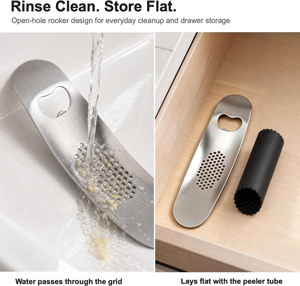 Garlic Press Rocker, Stainless Steel Mincer with Peeler