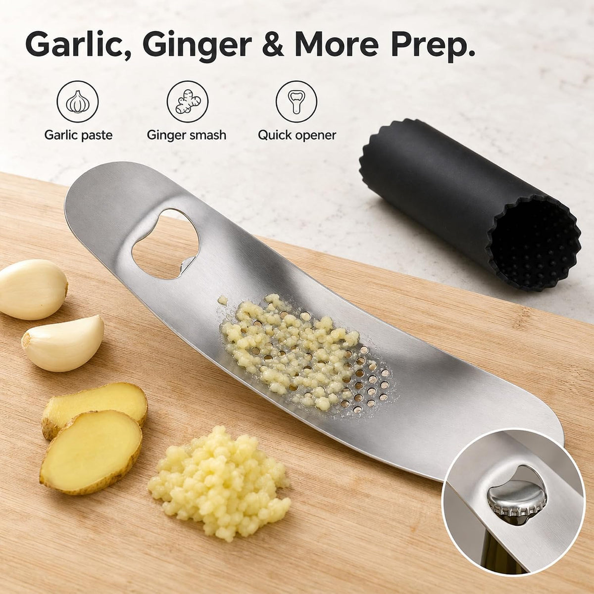 Garlic Press Rocker, Stainless Steel Mincer with Peeler