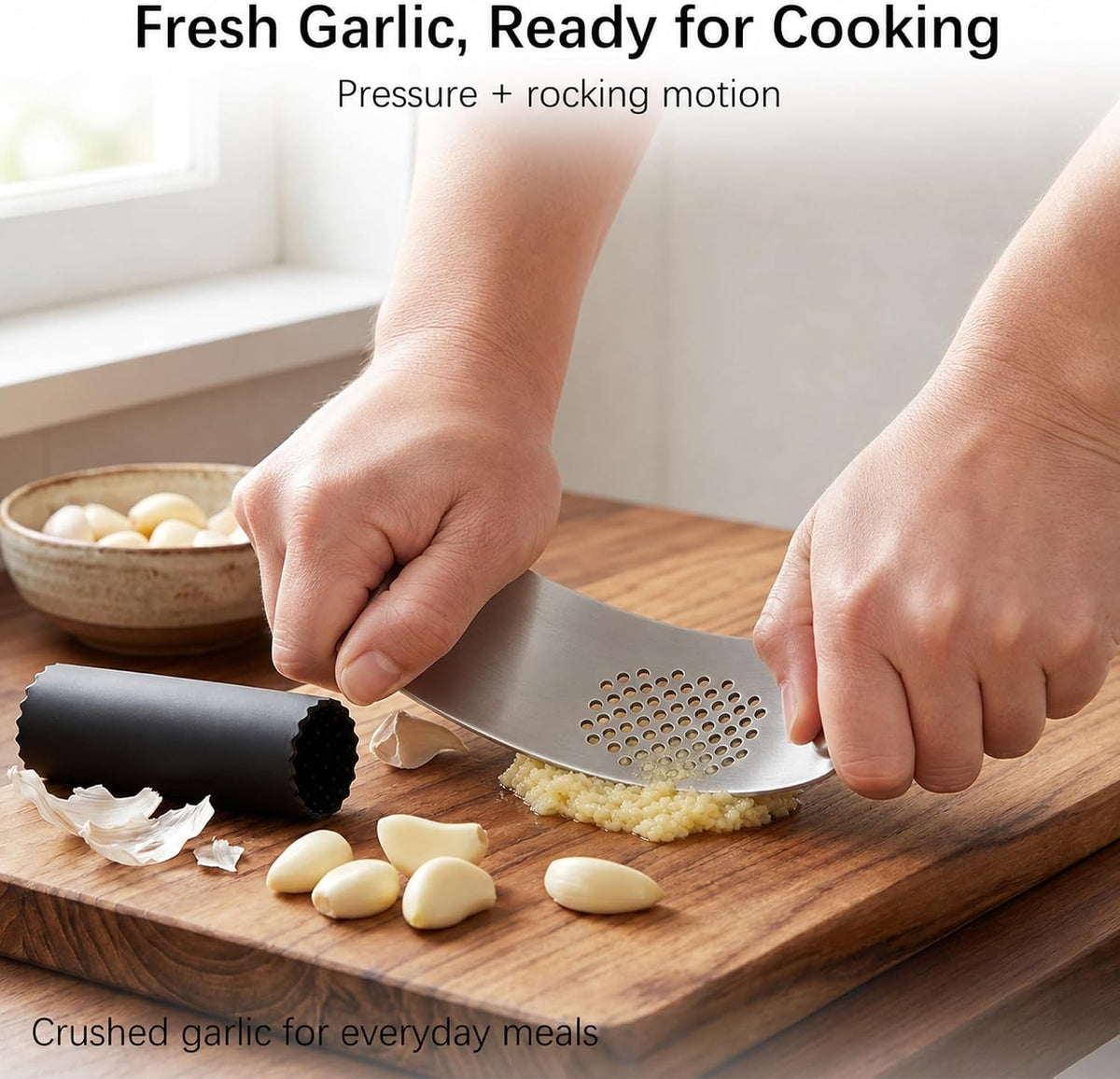 Garlic Press Rocker, Stainless Steel Mincer with Peeler
