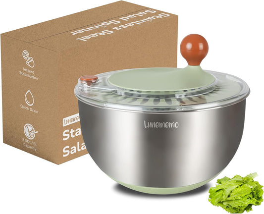 Lunememo Stainless Steel Salad Spinner, BPA Free, Quick Dry & Stop, 5.3 Qt | Non-Slip Lettuce Veggie Spinner, Drain, Stop Button, Vegetable Fruit Washer, Dishwasher Safe, Also as Serving & Salad Bowl