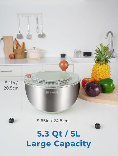 Lunememo Stainless Steel Salad Spinner, BPA Free, Quick Dry & Stop, 5.3 Qt | Non-Slip Lettuce Veggie Spinner, Drain, Stop Button, Vegetable Fruit Washer, Dishwasher Safe, Also as Serving & Salad Bowl