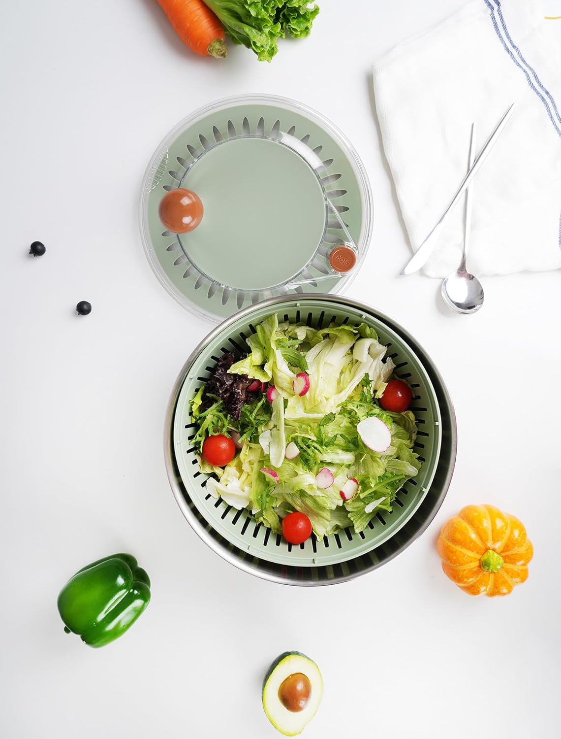 Lunememo Stainless Steel Salad Spinner, BPA Free, Quick Dry & Stop, 5.3 Qt | Non-Slip Lettuce Veggie Spinner, Drain, Stop Button, Vegetable Fruit Washer, Dishwasher Safe, Also as Serving & Salad Bowl