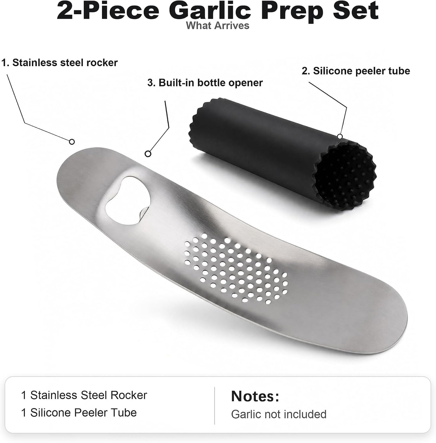 Garlic Press Rocker, Stainless Steel Mincer with Peeler | Silicone peeler, bottle opener handle, ginger crushing, dishwasher-safe rinse, compact drawer storage