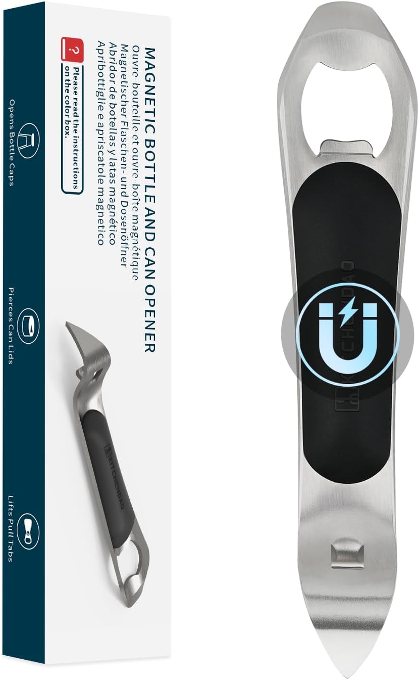 3 in 1 Magnetic Bottle and Can Opener for Refrigerator, Stainless Steel Manual Can Punch Opener with Soft-Touch Handle, Fridge Magnet Design for Easy Storage, Multi-purpose Church Key
