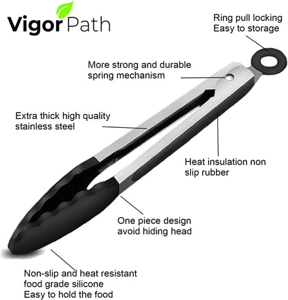 2-Pack of 9" (Small) & 12" (Large) Kitchen Tongs Set: Non-Stick Silicone-Stainless Steel Cooking Tongs, BPA Free, Heat Resistant (480°F) - Non-Slip Grip & Locking Metal Food Tongs (Black)