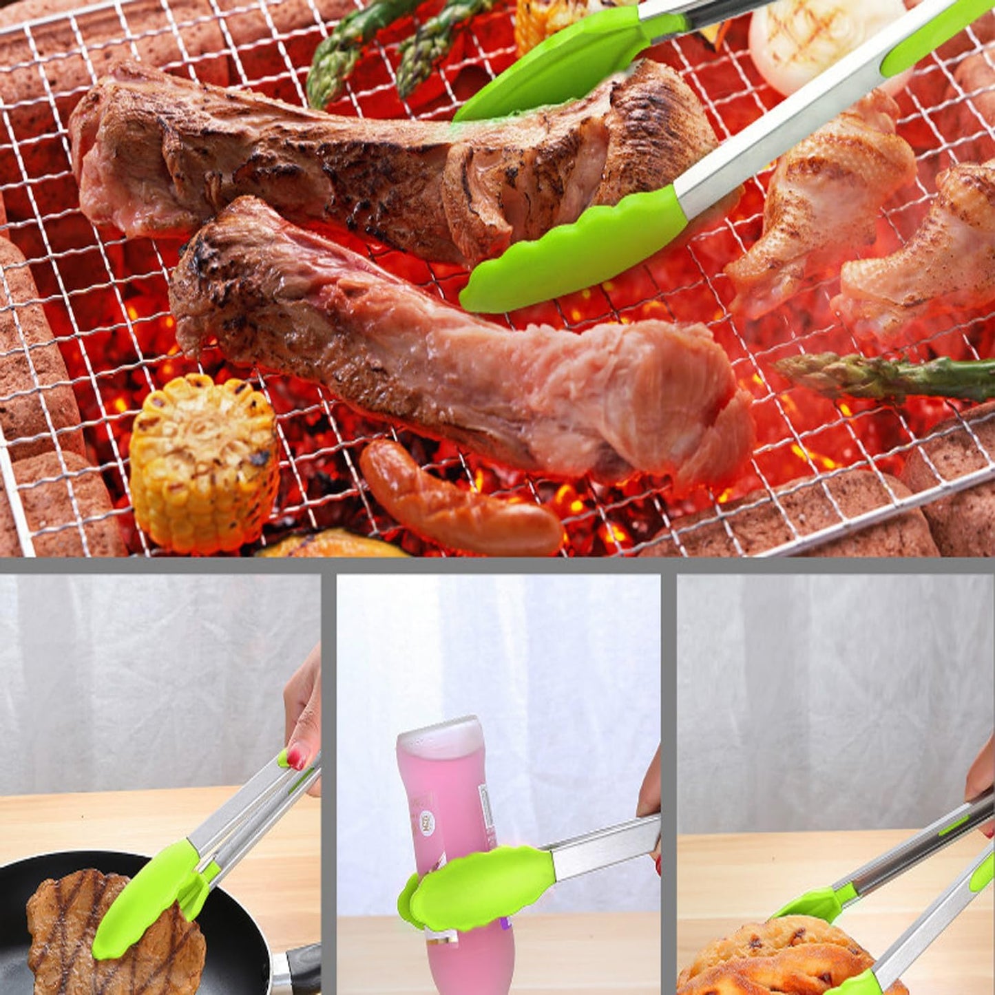 2-Pack of 9" (Small) & 12" (Large) Kitchen Tongs Set: Non-Stick Silicone-Stainless Steel Cooking Tongs, BPA Free, Heat Resistant (480°F) - Non-Slip Grip & Locking Metal Food Tongs (Black)