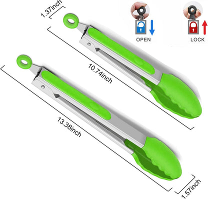 2-Pack of 9" (Small) & 12" (Large) Kitchen Tongs Set: Non-Stick Silicone-Stainless Steel Cooking Tongs, BPA Free, Heat Resistant (480°F) - Non-Slip Grip & Locking Metal Food Tongs (Black)
