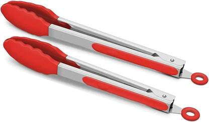 2-Pack of 9" (Small) & 12" (Large) Kitchen Tongs Set: Non-Stick Silicone-Stainless Steel Cooking Tongs, BPA Free, Heat Resistant (480°F) - Non-Slip Grip & Locking Metal Food Tongs (Black)