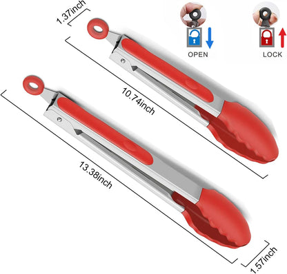 2-Pack of 9" (Small) & 12" (Large) Kitchen Tongs Set: Non-Stick Silicone-Stainless Steel Cooking Tongs, BPA Free, Heat Resistant (480°F) - Non-Slip Grip & Locking Metal Food Tongs (Black)