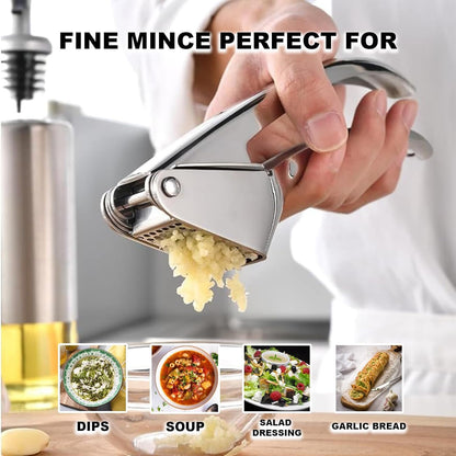Garlic Press Stainless Steel - Premium Professional Mincer Tool - Rust Proof & Dishwasher Safe - Garlic Presser & Masher - Ginger Crusher with Soft Ergonomic Handle - Easy to Squeeze & Clean