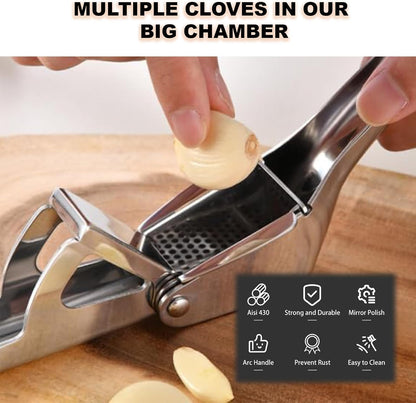 Garlic Press Stainless Steel - Premium Professional Mincer Tool - Rust Proof & Dishwasher Safe - Garlic Presser & Masher - Ginger Crusher with Soft Ergonomic Handle - Easy to Squeeze & Clean