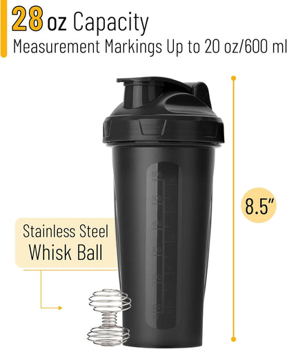 Shaker Bottles for Protein Mixes, 28 oz | Leak Proof Shaker Cups with Stainless Steel Wire Whisk Ball for Protein Shakes and Pre Workout