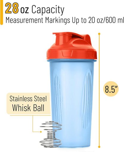 Shaker Bottles for Protein Mixes, 28 oz | Leak Proof Shaker Cups with Stainless Steel Wire Whisk Ball for Protein Shakes and Pre Workout