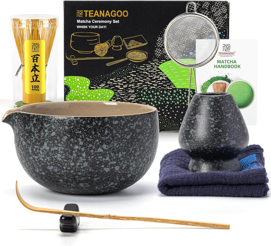Matcha Whisk Set Black,7 Pcs Matcha Set,Matcha Kit for Ceremony,Tradition Tea Set for Making Breakfast/Latte,Matcha Whisk Set with Bowl(Chawan)/Whisk and Holder,Gift for Family/Friend