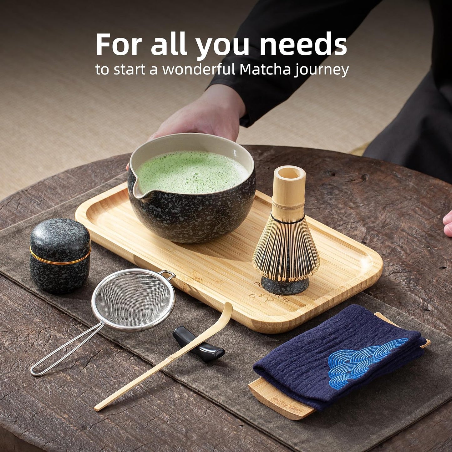 Matcha Whisk Set Black,7 Pcs Matcha Set,Matcha Kit for Ceremony,Tradition Tea Set for Making Breakfast/Latte,Matcha Whisk Set with Bowl(Chawan)/Whisk and Holder,Gift for Family/Friend