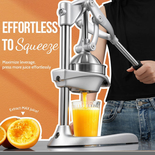 Manual Juicer, Easy to Use, Stainless Steel Juice Press for Citrus Fruits | Extended Handle, Max Extraction, Dishwasher Safe, Extra-Large, Squeeze Multi-Fruits, Ideal for Home, Travel, Commercial Use