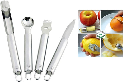 Stainless Steel Kitchen Tools: Zester Grater with Channel Knife, Apple Cupcake Corer, Fruit and Melon Scooper, Fruit & Veggie cutting knife, 4 Pcs Set