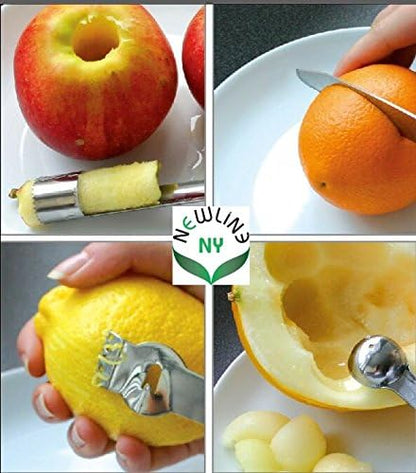 Stainless Steel Kitchen Tools: Zester Grater with Channel Knife, Apple Cupcake Corer, Fruit and Melon Scooper, Fruit & Veggie cutting knife, 4 Pcs Set