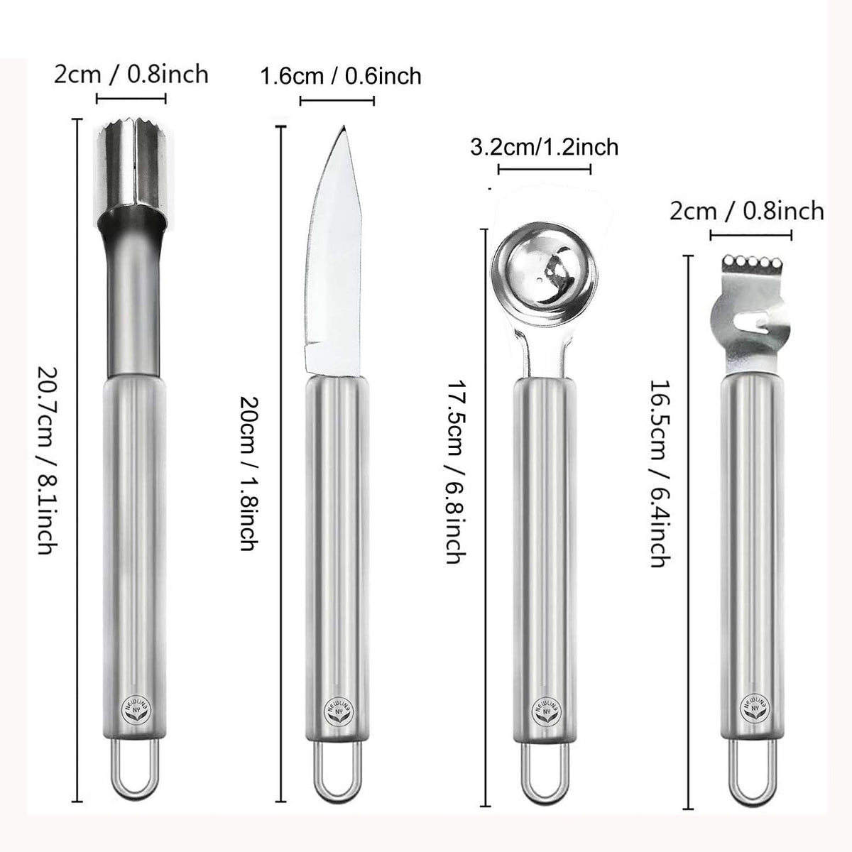 Stainless Steel Kitchen Tools: Zester Grater with Channel Knife, Apple Cupcake Corer, Fruit and Melon Scooper, Fruit & Veggie cutting knife, 4 Pcs Set