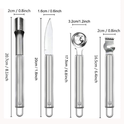 Stainless Steel Kitchen Tools: Zester Grater with Channel Knife, Apple Cupcake Corer, Fruit and Melon Scooper, Fruit & Veggie cutting knife, 4 Pcs Set