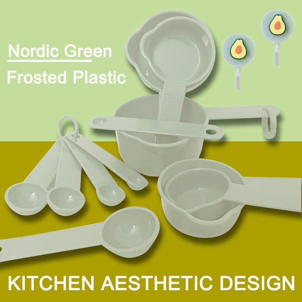 Measuring Cups and Measuring Spoons Set of 11pcs, Plastic, Nordic color Cups, Included 2 pcs Kitchen Tool Hook Up. (Green)