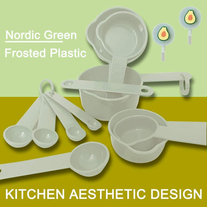 Measuring Cups and Measuring Spoons Set of 11pcs, Plastic, Nordic color Cups, Included 2 pcs Kitchen Tool Hook Up. (Green)