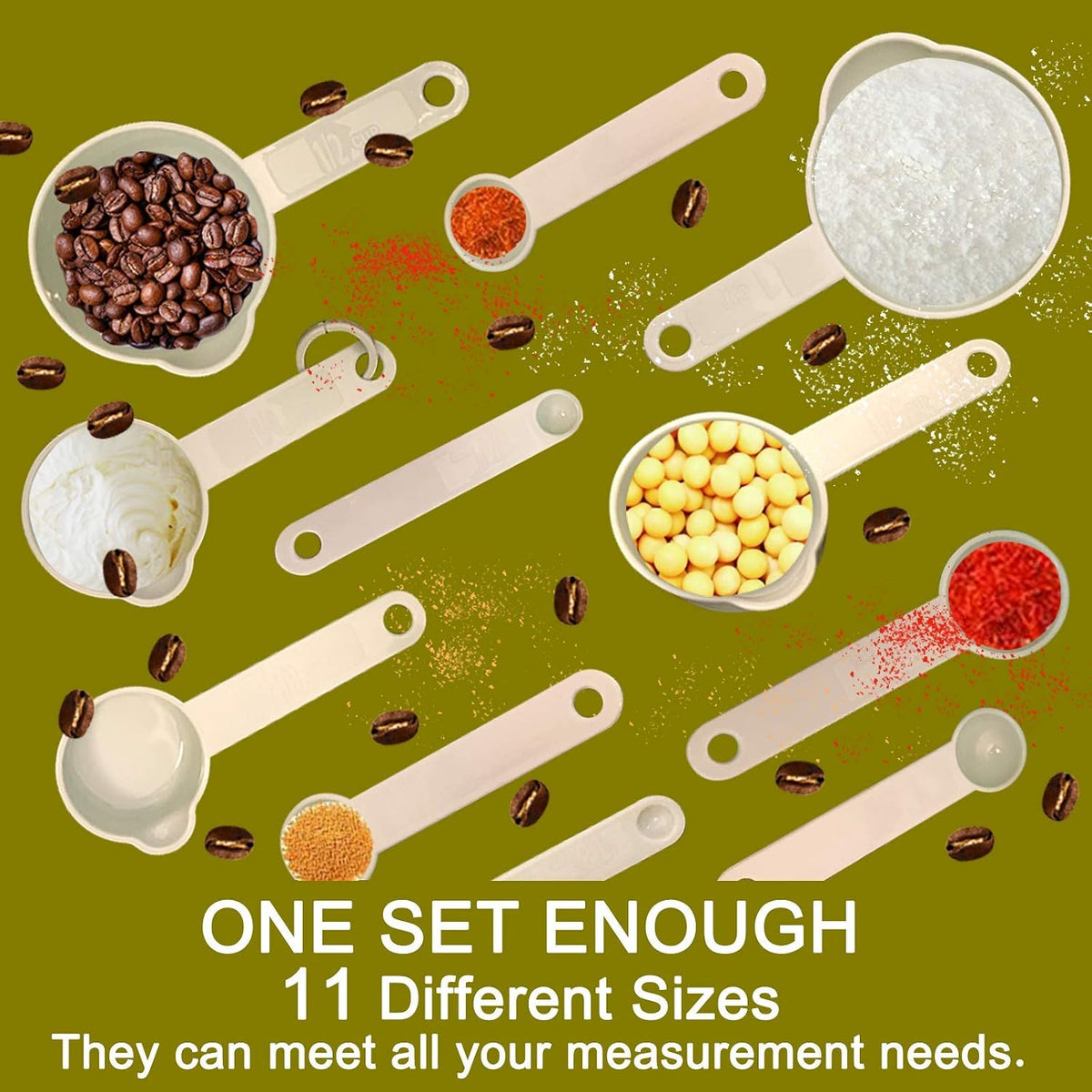 Measuring Cups and Measuring Spoons Set of 11pcs, Plastic, Nordic color Cups, Included 2 pcs Kitchen Tool Hook Up. (Green)