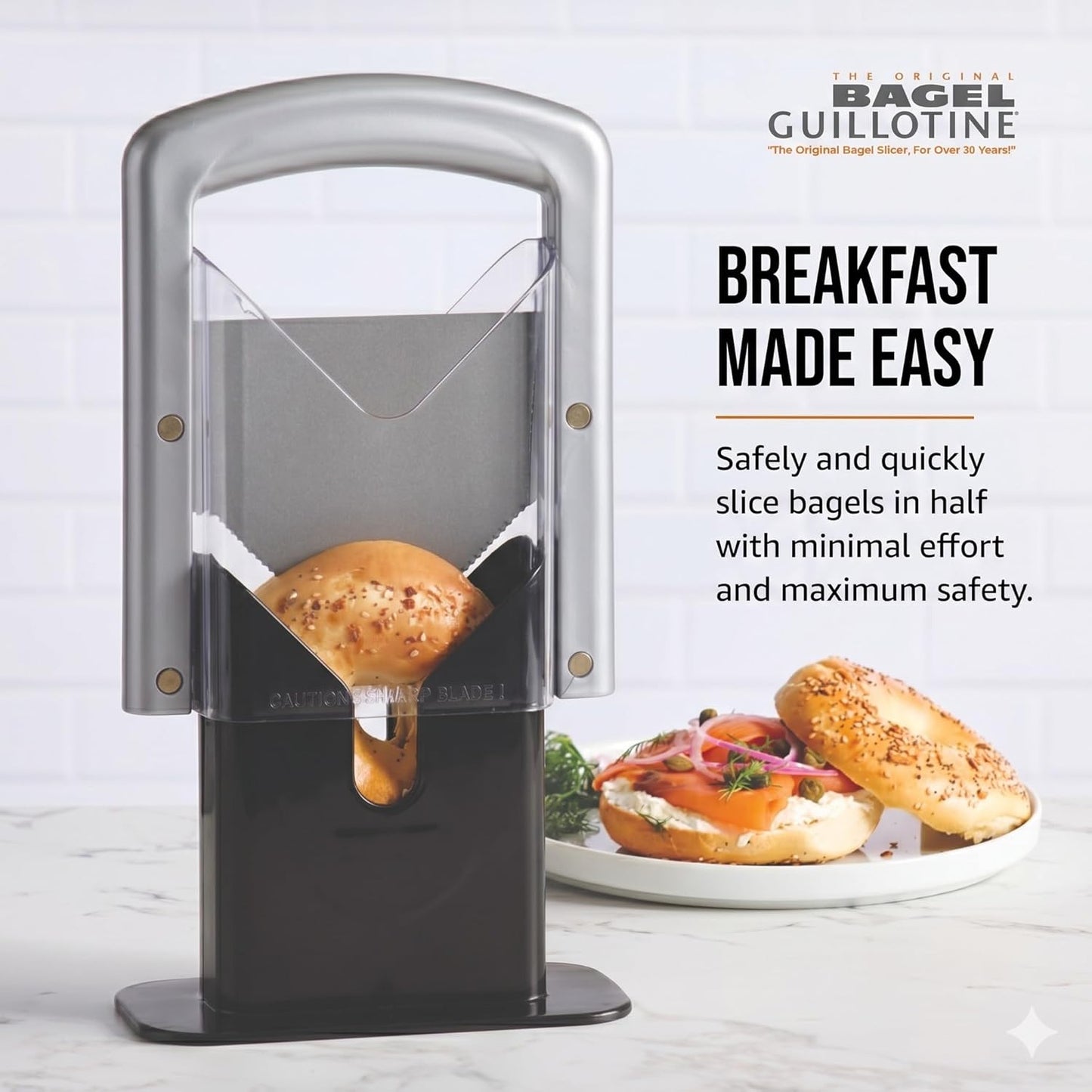 Bagel Biter Bagel Slicer and Cutter with Safety Shields - Guillotine Style Bagel Cutter Slicer for Large and Small Bagels, English Muffins, Buns, and Rolls - Compact, Dishwasher Safe