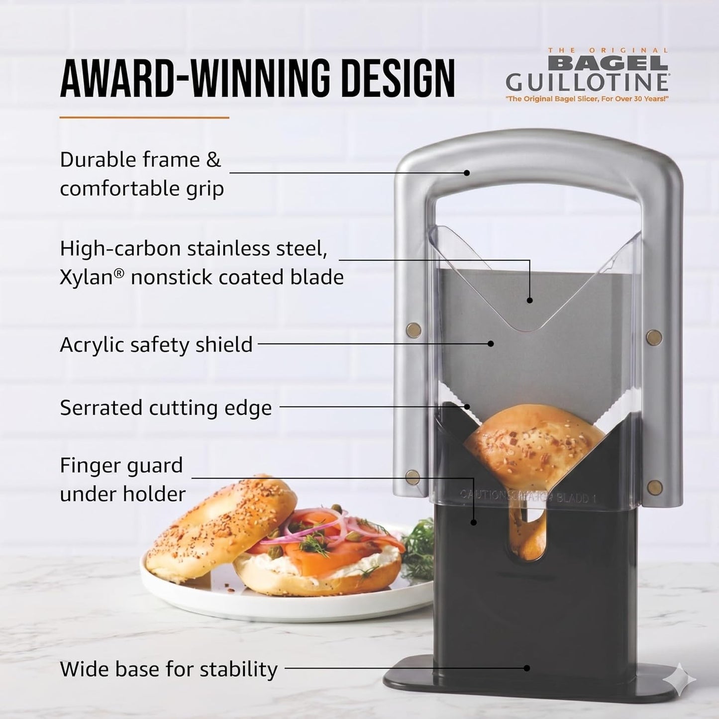 Bagel Biter Bagel Slicer and Cutter with Safety Shields - Guillotine Style Bagel Cutter Slicer for Large and Small Bagels, English Muffins, Buns, and Rolls - Compact, Dishwasher Safe