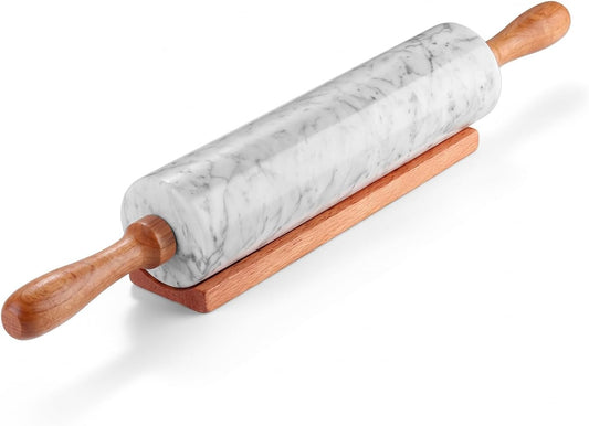 Marble Rolling Pin Heavy Nonstick Stone Dough Roller - 10 Inch Polished Barrel with Wooden Handles & Cradle Stand for Baking Pastry Bread Pizza Cookies Pie Crust Pasta Tortillas (White)