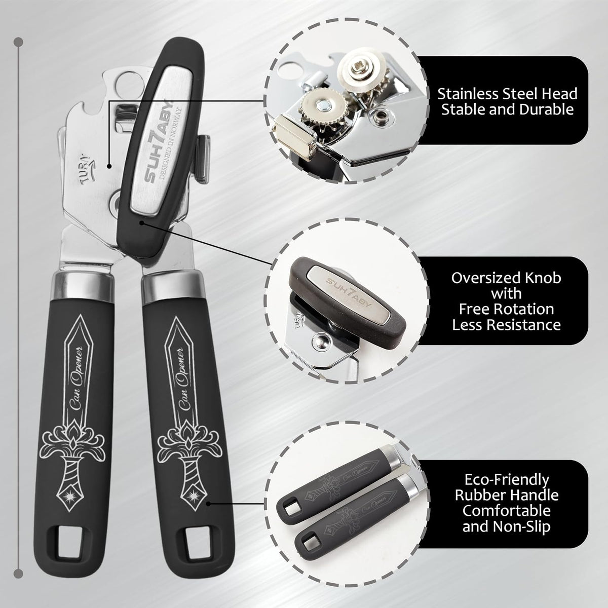 Manual Can Opener with Magnet – Heavy Duty Hand Can & Bottle Opener, Stainless Steel Blade Smooth Edge Cutter, Ergonomic Rubber Grip, Easy Turn Kitchen Tool for Seniors, Arthritis Friendly (Black)
