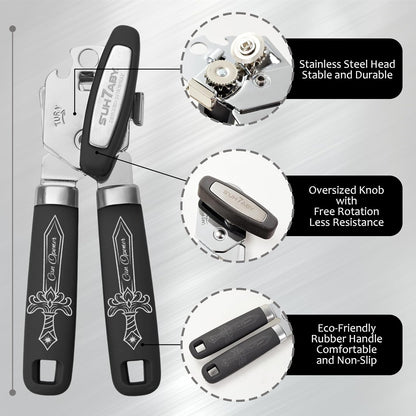 Manual Can Opener with Magnet – Heavy Duty Hand Can & Bottle Opener, Stainless Steel Blade Smooth Edge Cutter, Ergonomic Rubber Grip, Easy Turn Kitchen Tool for Seniors, Arthritis Friendly (Black)