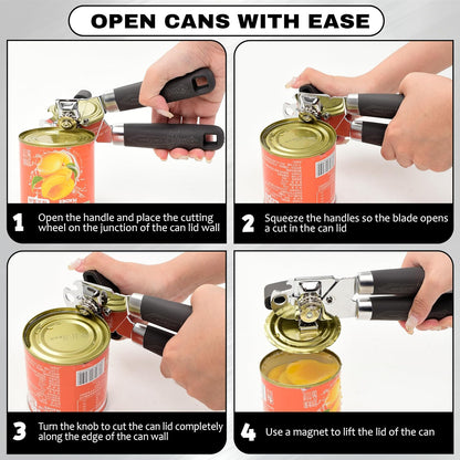 Manual Can Opener with Magnet – Heavy Duty Hand Can & Bottle Opener, Stainless Steel Blade Smooth Edge Cutter, Ergonomic Rubber Grip, Easy Turn Kitchen Tool for Seniors, Arthritis Friendly (Black)