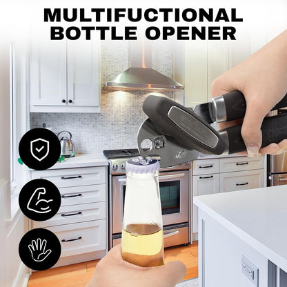 Manual Can Opener with Magnet – Heavy Duty Hand Can & Bottle Opener, Stainless Steel Blade Smooth Edge Cutter, Ergonomic Rubber Grip, Easy Turn Kitchen Tool for Seniors, Arthritis Friendly (Black)