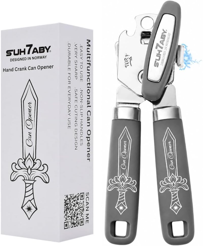 Manual Can Opener with Magnet – Heavy Duty Hand Can & Bottle Opener, Stainless Steel Blade Smooth Edge Cutter, Ergonomic Rubber Grip, Easy Turn Kitchen Tool for Seniors, Arthritis Friendly (Black)