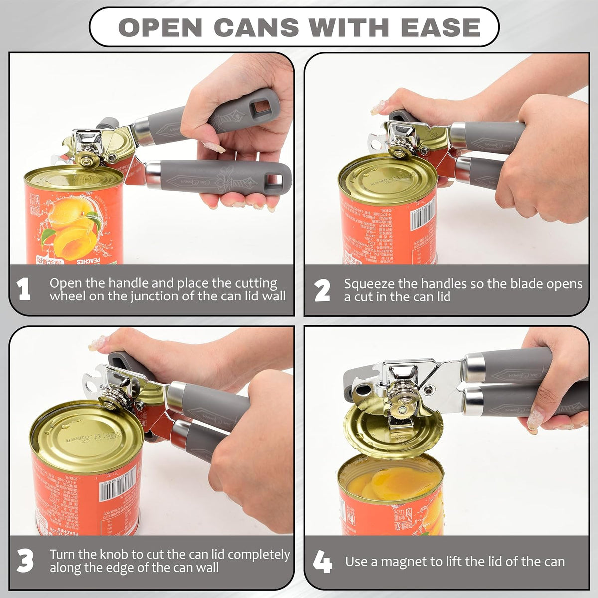 Manual Can Opener with Magnet – Heavy Duty Hand Can & Bottle Opener, Stainless Steel Blade Smooth Edge Cutter, Ergonomic Rubber Grip, Easy Turn Kitchen Tool for Seniors, Arthritis Friendly (Black)