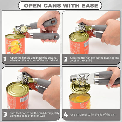 Manual Can Opener with Magnet – Heavy Duty Hand Can & Bottle Opener, Stainless Steel Blade Smooth Edge Cutter, Ergonomic Rubber Grip, Easy Turn Kitchen Tool for Seniors, Arthritis Friendly (Black)