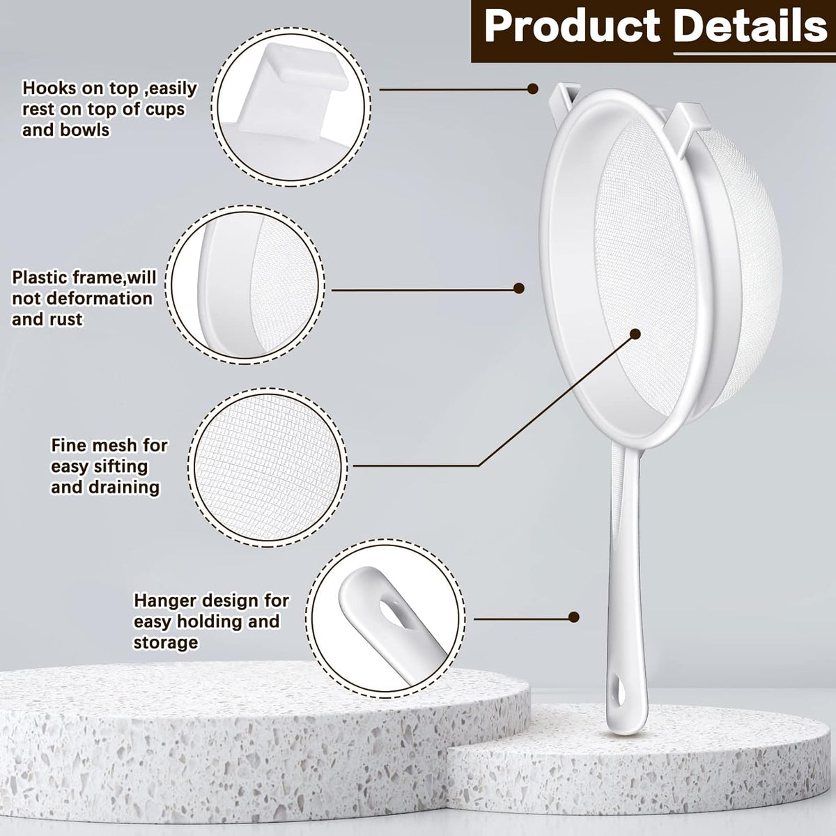 3 Pcs Plastic Nylon Mesh Kefir Fine Strainer Set, 3 In, 5 In, 7 In