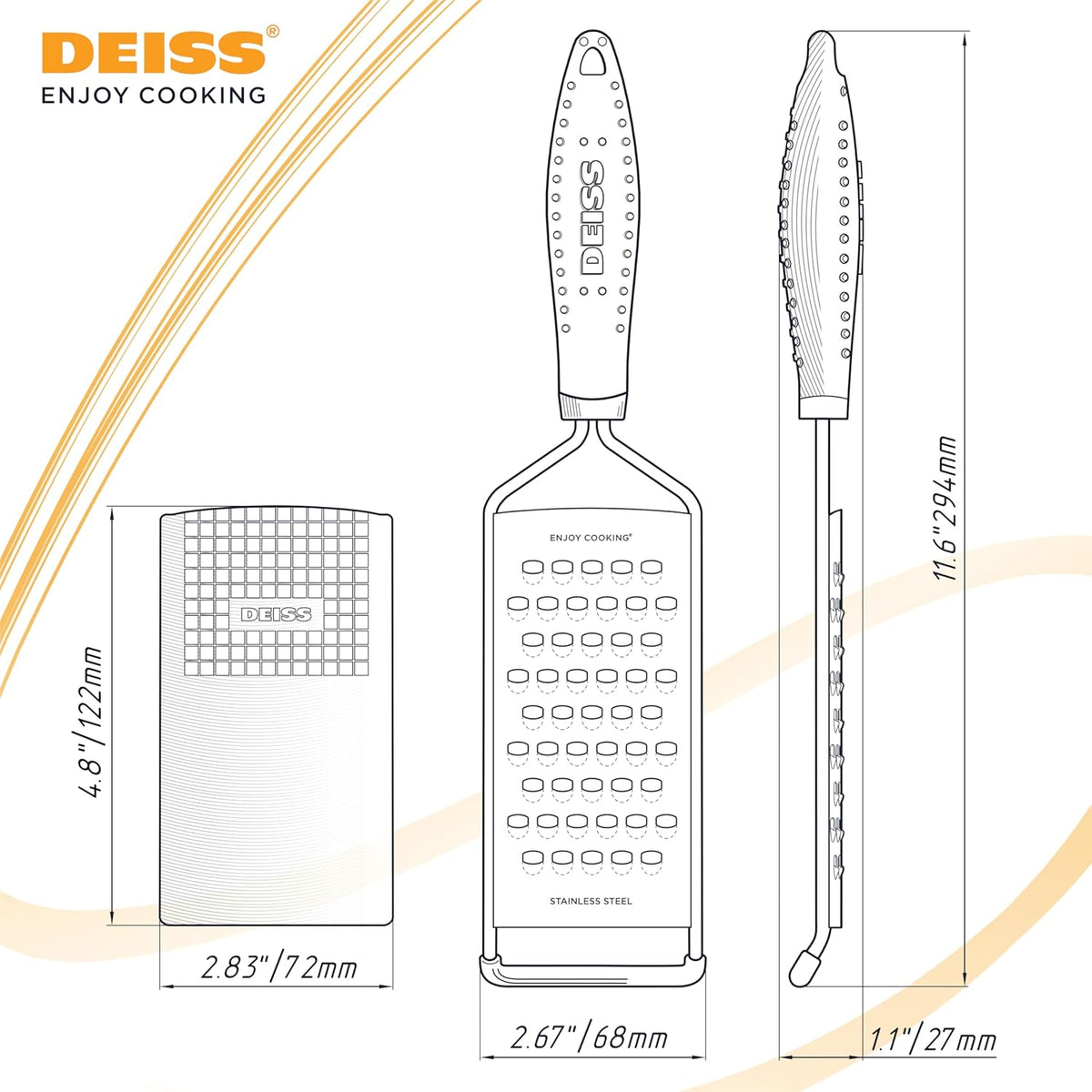 Deiss PRO Coarse Grater & Hand Held Cheese Grater - Sharp Stainless Steel Blades, Non-Slip Handle, Small Cheese Grater for Kitchen, Shredder, Dishwasher Safe