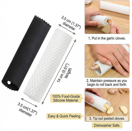 2-Piece Silicone Garlic Peeler Set, Easy-Rolling Type, Practical Kitchen Tool Without Odor (Black, White).