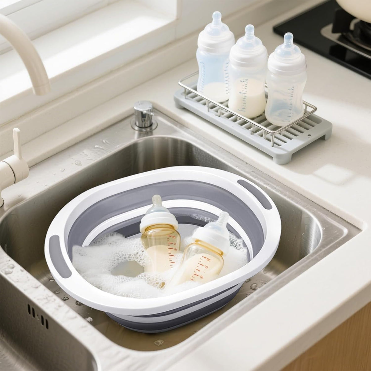 Collapsible Wash Basin, 7.5L Dish Tub Sink Basin Folding Dish Pans for Kitchen Sink, 2-in-1 Dishpan + Cutting Board, Portable Sink Dish Basin for Camping BBQ Prep Tub Washing Bin with Drain Plug + Lid