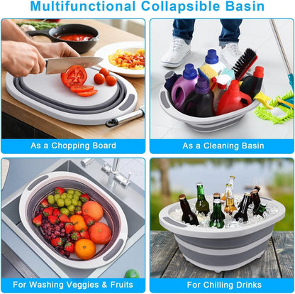 Collapsible Wash Basin, 7.5L Dish Tub Sink Basin Folding Dish Pans for Kitchen Sink, 2-in-1 Dishpan + Cutting Board, Portable Sink Dish Basin for Camping BBQ Prep Tub Washing Bin with Drain Plug + Lid